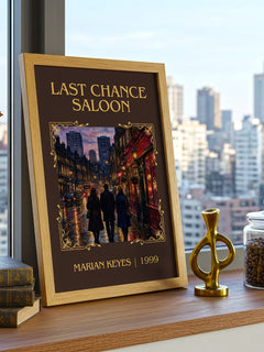 Last Chance Saloon Classic Book Art Print by Marian Keyes – framed print on a city-view windowsill