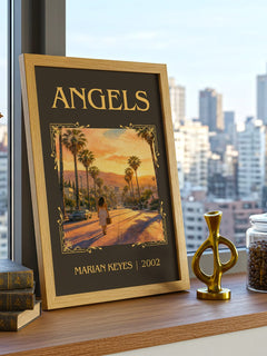 Angels Classic Book Art Print by Marian Keyes – framed print on a city-view windowsill