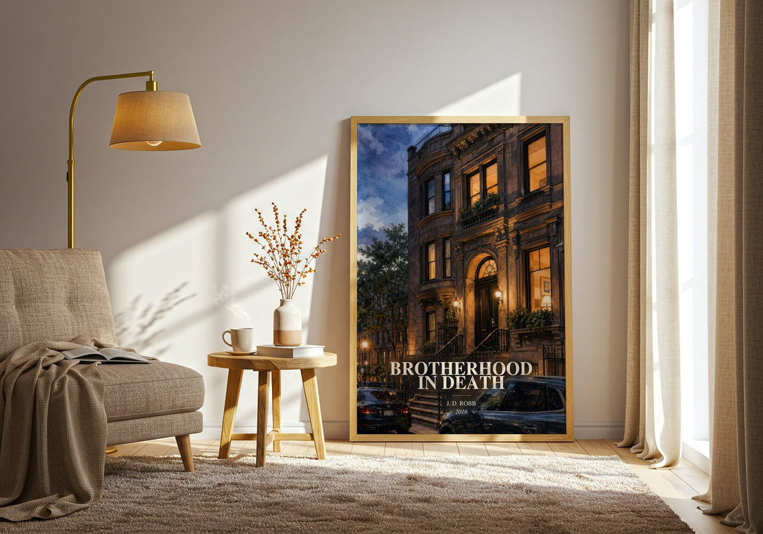Brotherhood In Death watercolour print in frame leaning in hallway – mystery wall art (mockup)