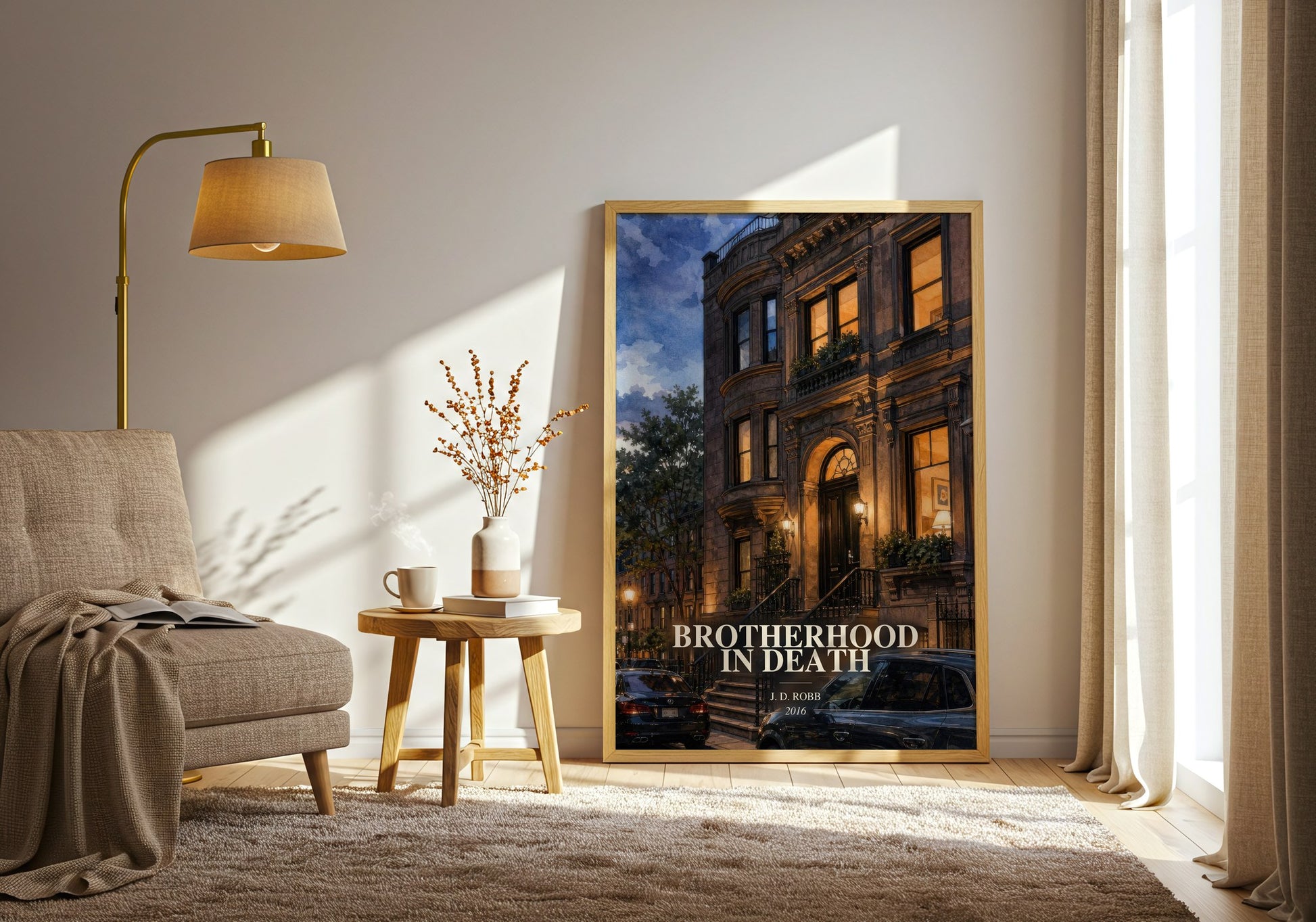 Brotherhood In Death watercolour print in frame leaning in hallway – mystery wall art