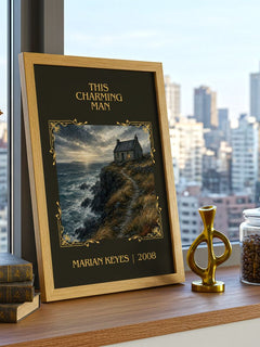 This Charming Man Classic Book Art Print by Marian Keyes – framed print on a city-view windowsill