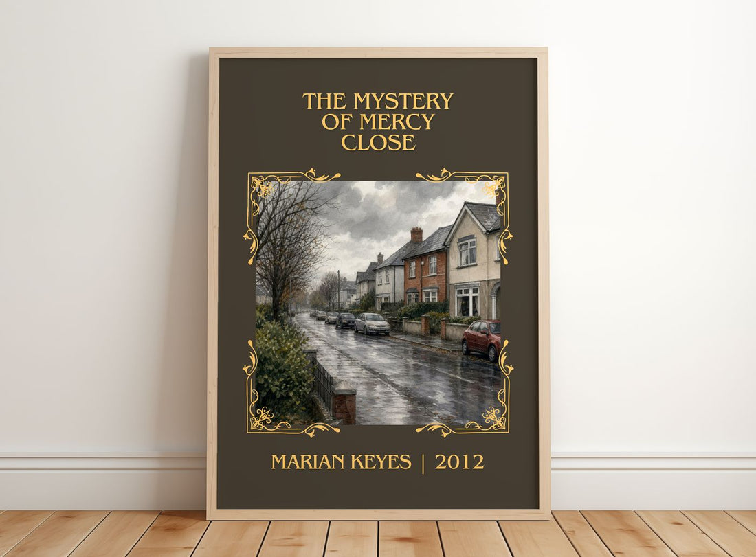 The Mystery of Mercy Close Classic Book Art Print by Marian Keyes – framed print leaning on a wooden floor