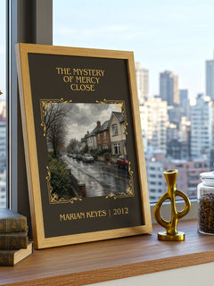 The Mystery of Mercy Close Classic Book Art Print by Marian Keyes – framed print on a city-view windowsill