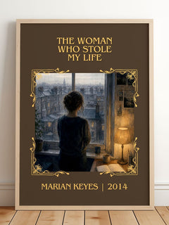 The Woman Who Stole My Life Classic Book Art Print by Marian Keyes – framed print leaning on a wooden floor