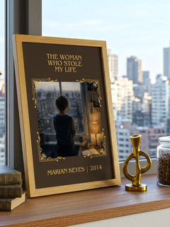 The Woman Who Stole My Life Classic Book Art Print by Marian Keyes – framed print on a city-view windowsill