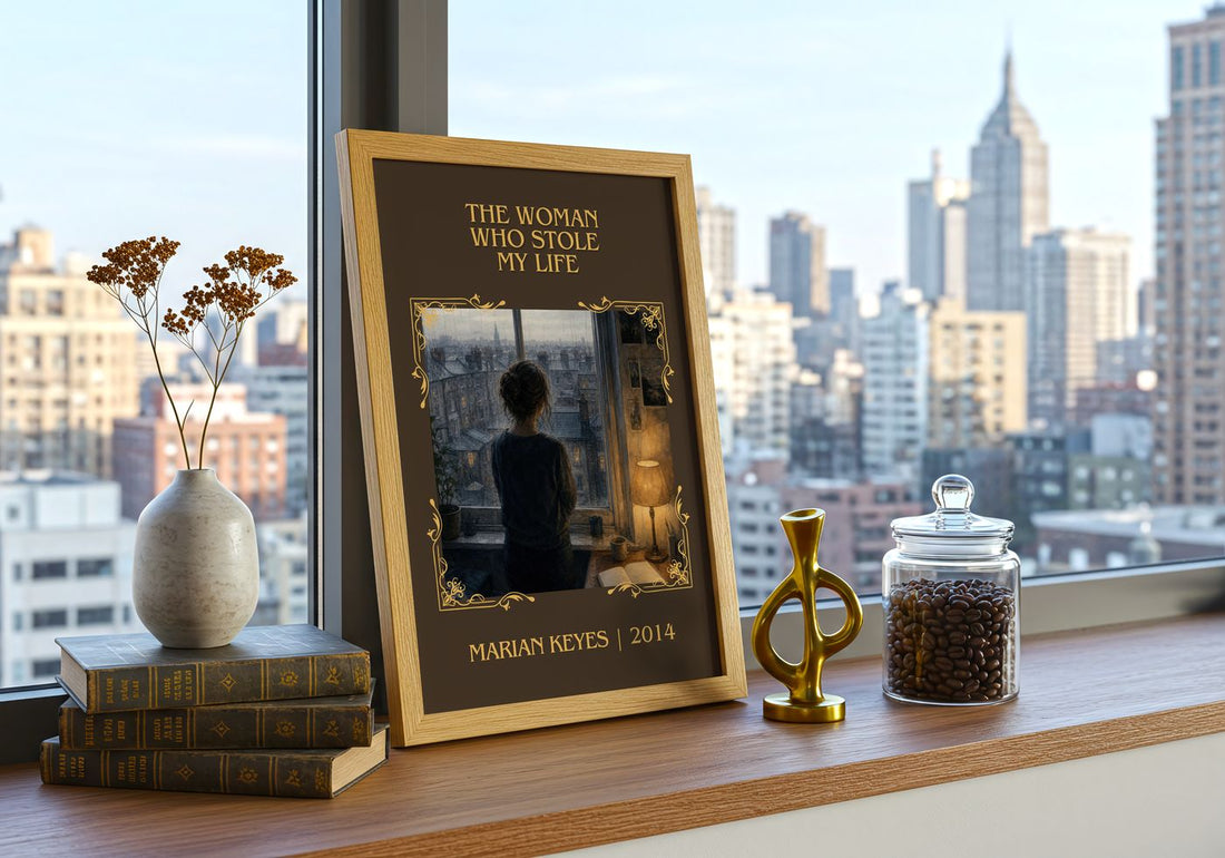 The Woman Who Stole My Life Classic Book Art Print by Marian Keyes – framed print on a city-view windowsill
