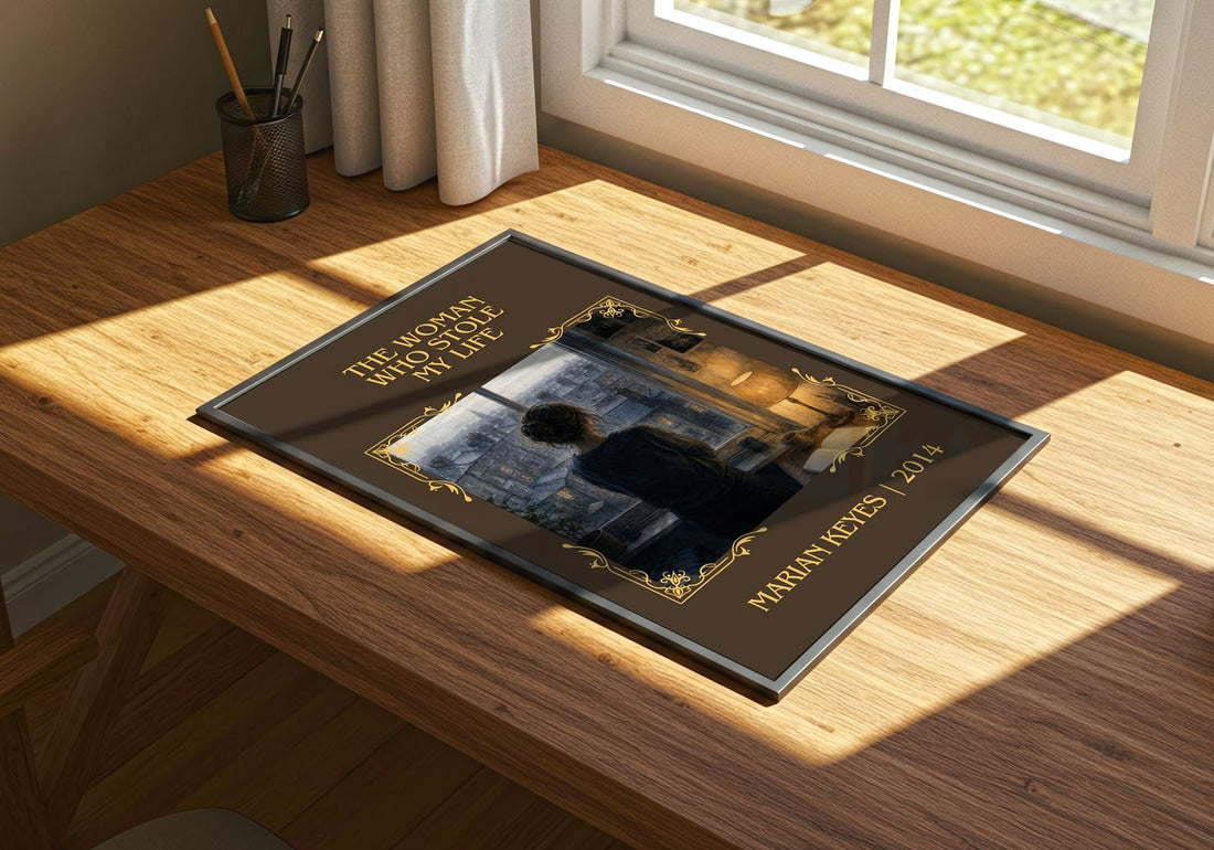 The Woman Who Stole My Life Classic Book Art Print by Marian Keyes – print on a sunlit desk