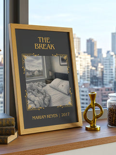 The Break Classic Book Art Print by Marian Keyes – framed print on a city-view windowsill