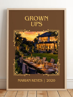 Grown Ups Classic Book Art Print by Marian Keyes – framed print leaning on a wooden floor