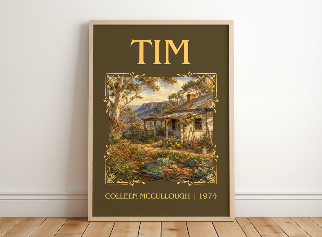 Tim Classic Book Art Print by Colleen McCullough – framed print leaning on a wooden floor