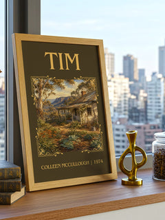 Tim Classic Book Art Print by Colleen McCullough – framed print on a city-view windowsill