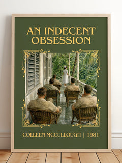 An Indecent Obsession Classic Book Art Print by Colleen McCullough – framed print leaning on a wooden floor