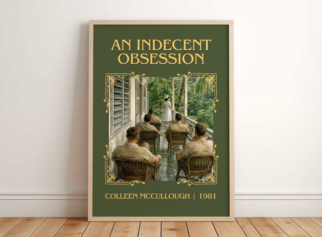 An Indecent Obsession Classic Book Art Print by Colleen McCullough – framed print leaning on a wooden floor