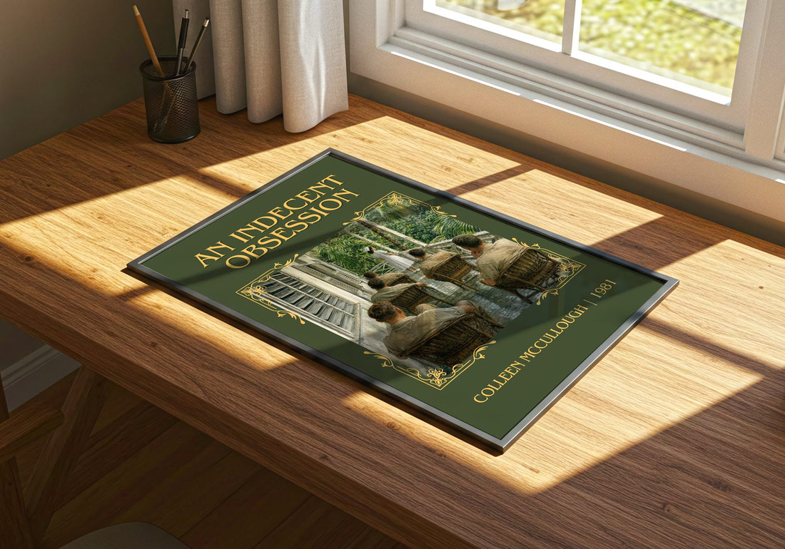 An Indecent Obsession Classic Book Art Print by Colleen McCullough – print on a sunlit desk