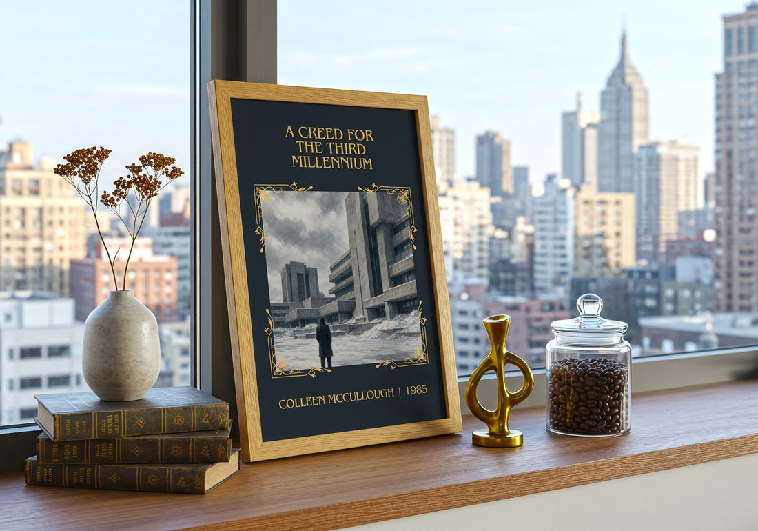 Creed for the Third Millennium Classic Book Art Print by C. McCullough – framed print on a city-view windowsill