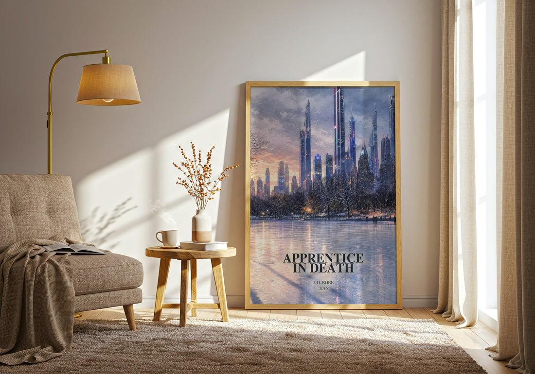 Apprentice In Death watercolour print in frame leaning in hallway – thriller wall art (mockup)