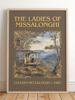 The Ladies of Missalonghi Classic Book Art Print by Colleen McCullough – framed print leaning on a wooden floor