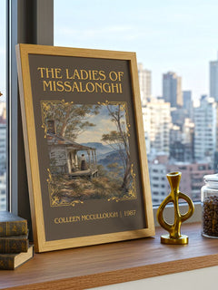 The Ladies of Missalonghi Classic Book Art Print by Colleen McCullough – framed print on a city-view windowsill
