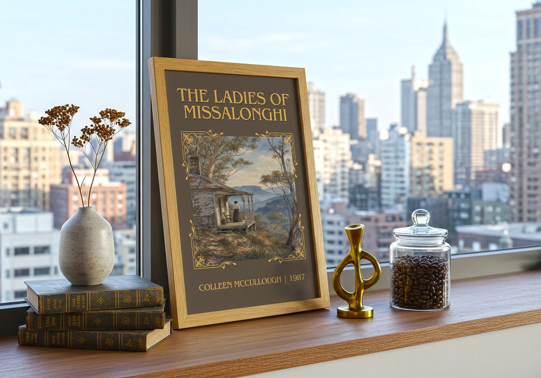 The Ladies of Missalonghi Classic Book Art Print by Colleen McCullough – framed print on a city-view windowsill