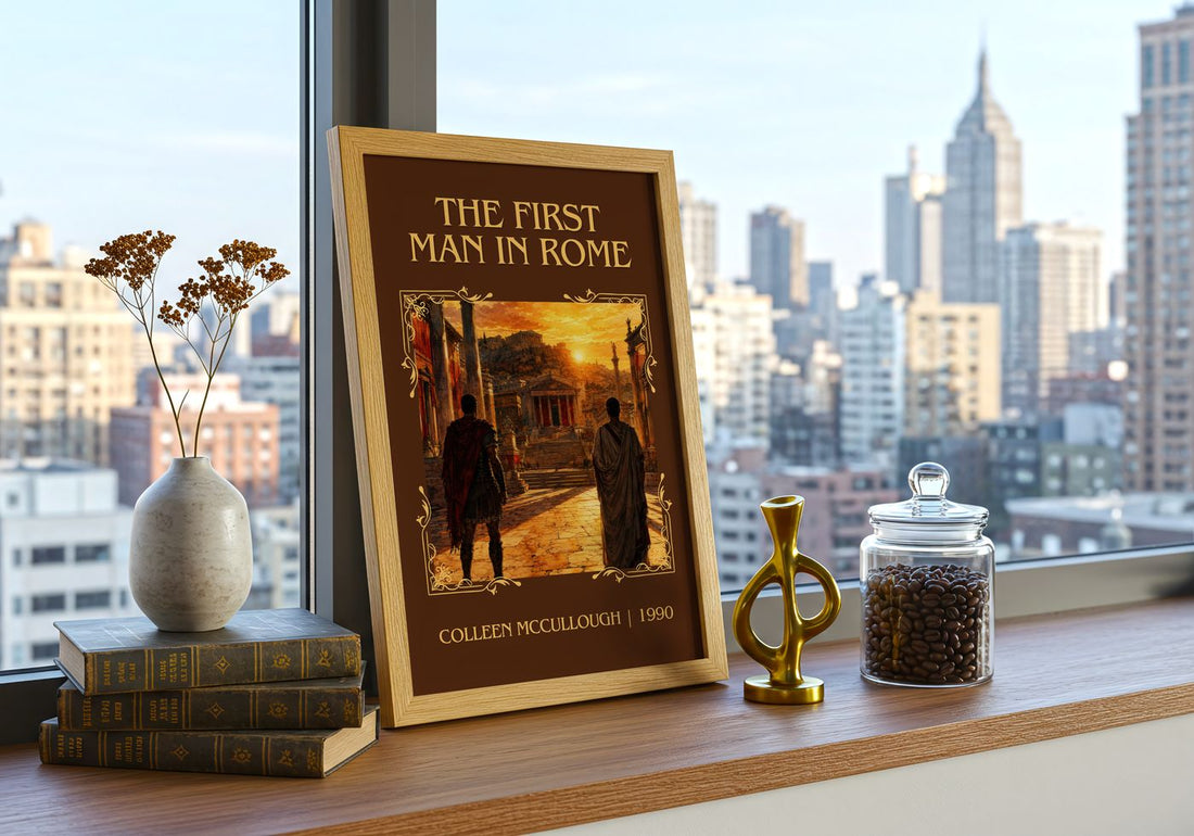 The First Man in Rome Classic Book Art Print by Colleen McCullough – framed print on a city-view windowsill
