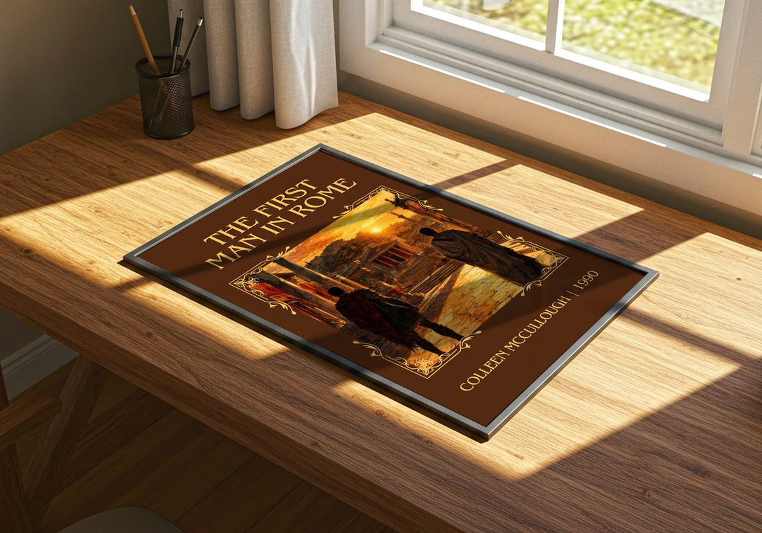 The First Man in Rome Classic Book Art Print by Colleen McCullough – print on a sunlit desk