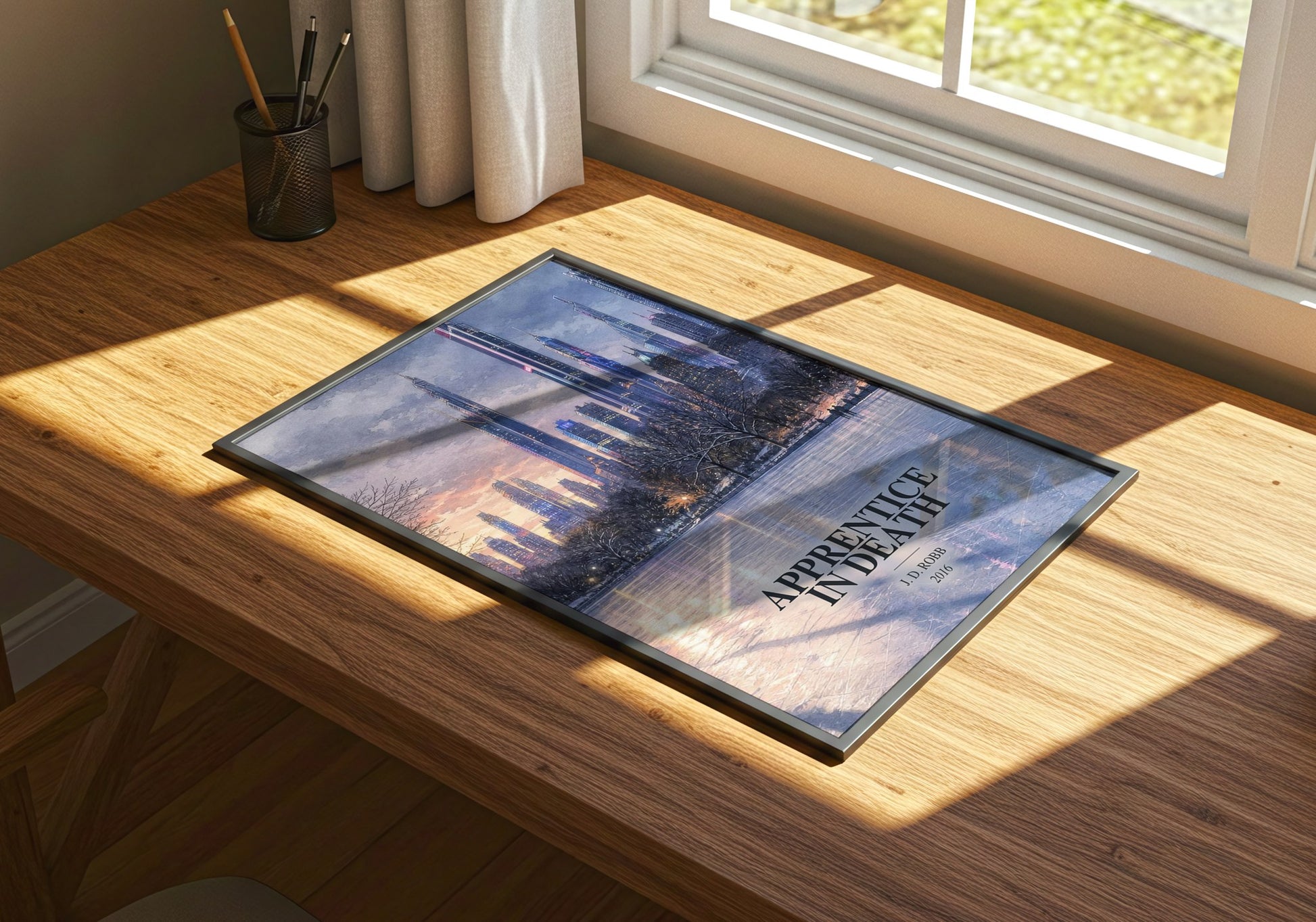 Apprentice In Death watercolour book poster framed on wall – thriller wall art