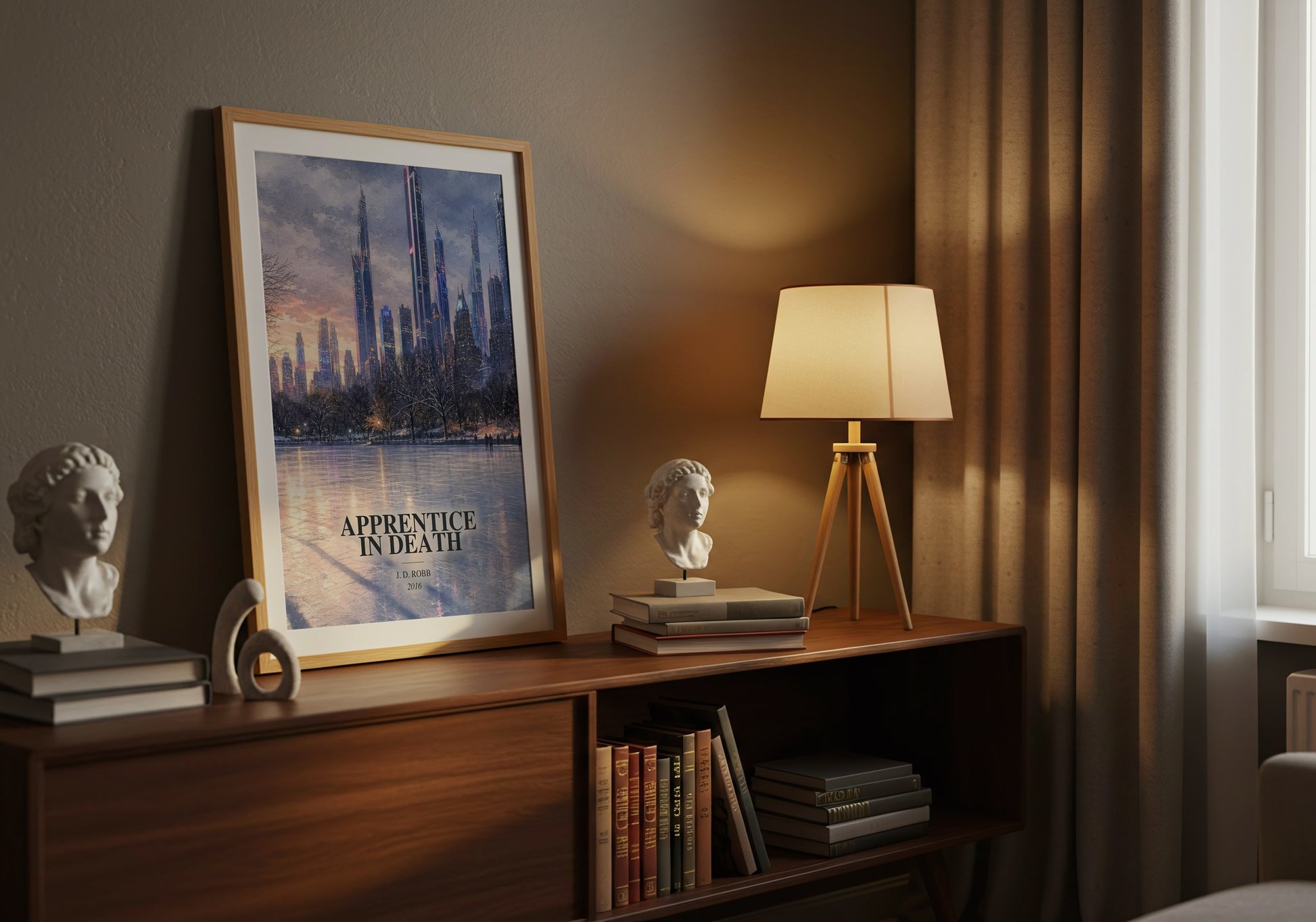 Apprentice In Death watercolour print on bookshelf – J. D. Robb fan gift