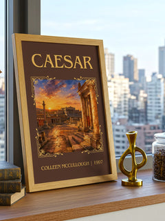 Caesar Classic Book Art Print by Colleen McCullough – framed print on a city-view windowsill