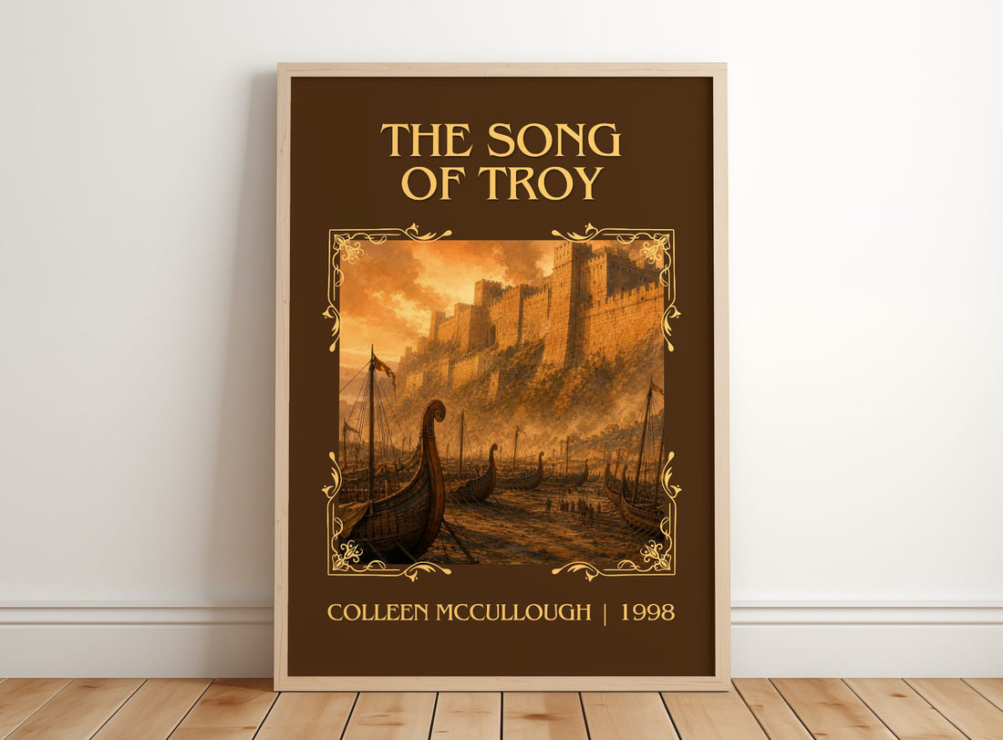 The Song of Troy Classic Book Art Print by Colleen McCullough – framed print leaning on a wooden floor
