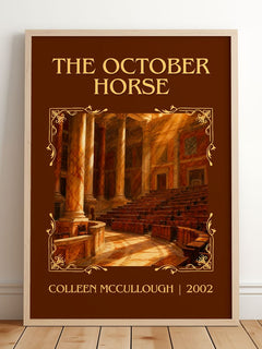 The October Horse Classic Book Art Print by Colleen McCullough – framed print leaning on a wooden floor
