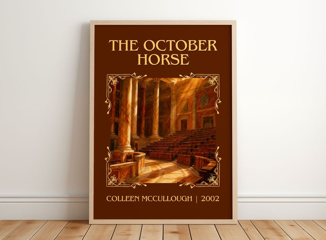 The October Horse Classic Book Art Print by Colleen McCullough – framed print leaning on a wooden floor