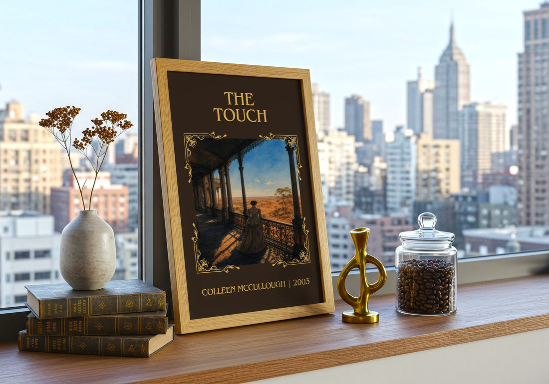 The Touch Classic Book Art Print by Colleen McCullough – framed print on a city-view windowsill