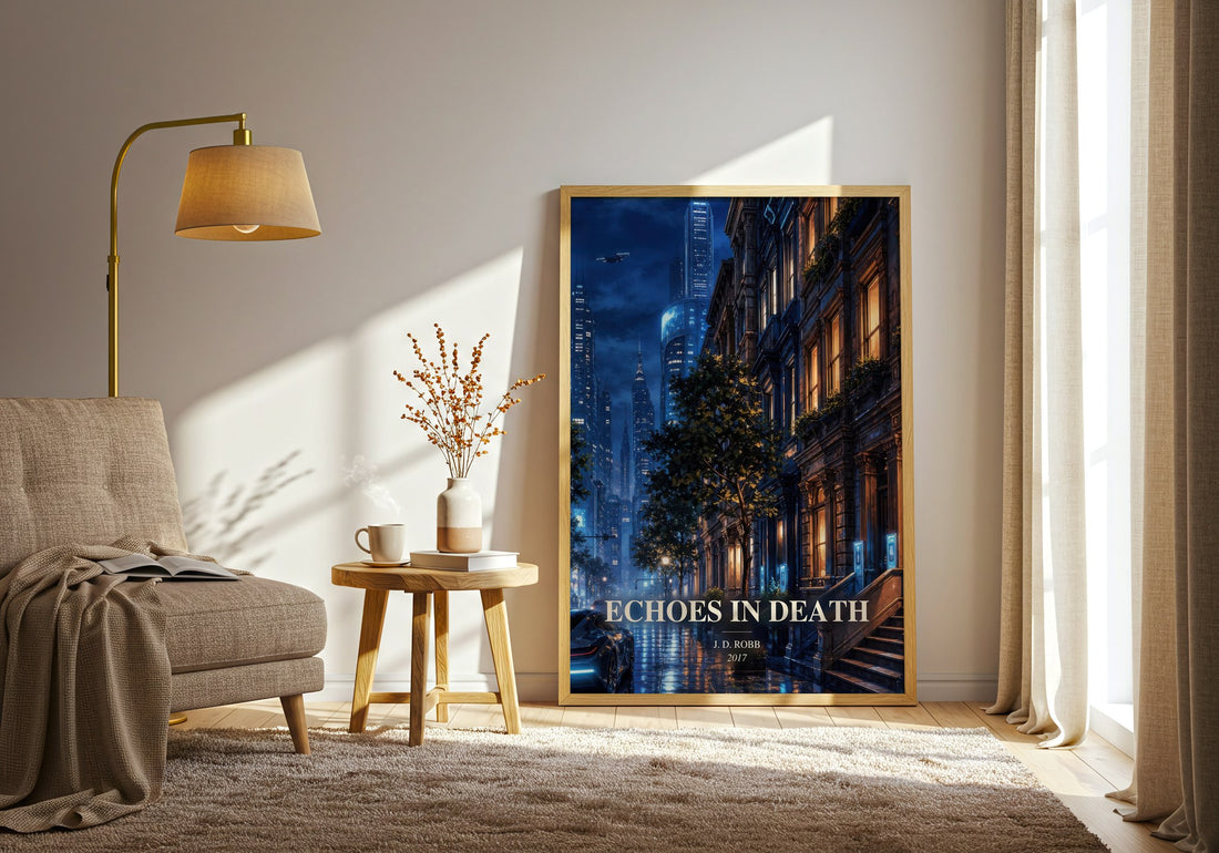 Echoes In Death watercolour print in frame leaning in hallway – mystery wall art (mockup)