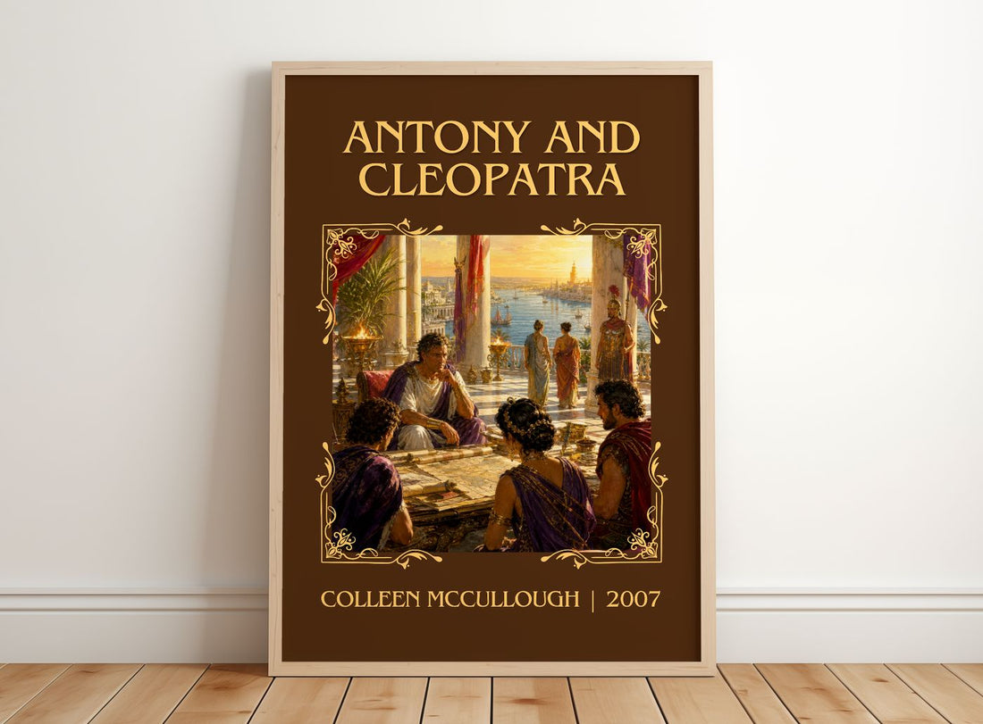 Antony and Cleopatra Classic Book Art Print by Colleen McCullough – framed print leaning on a wooden floor