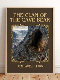 The Clan of the Cave Bear Classic Book Art Print by Jean Auel – framed print leaning on a wooden floor