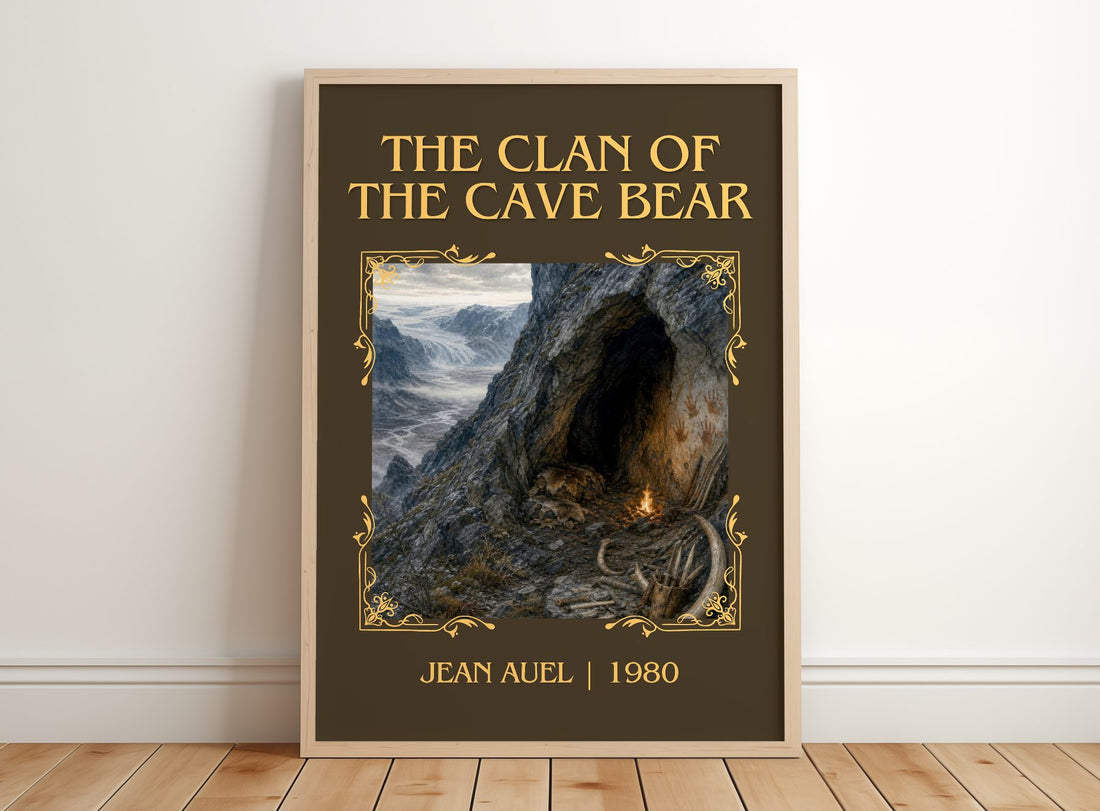 The Clan of the Cave Bear Classic Book Art Print by Jean Auel – framed print leaning on a wooden floor