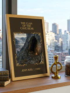 The Clan of the Cave Bear Classic Book Art Print by Jean Auel – framed print on a city-view windowsill