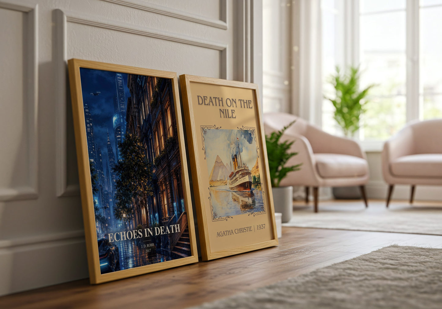 Echoes In Death watercolour print framed by window – literary home decor
