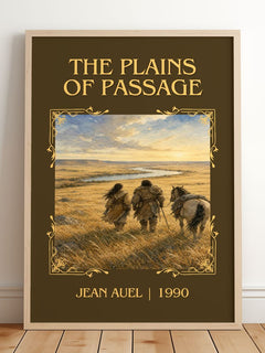 The Plains of Passage Classic Book Art Print by Jean Auel – framed print leaning on a wooden floor