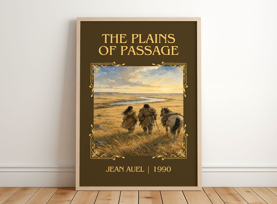 The Plains of Passage Classic Book Art Print by Jean Auel – framed print leaning on a wooden floor