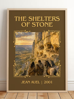 The Shelters of Stone Classic Book Art Print by Jean Auel – framed print leaning on a wooden floor