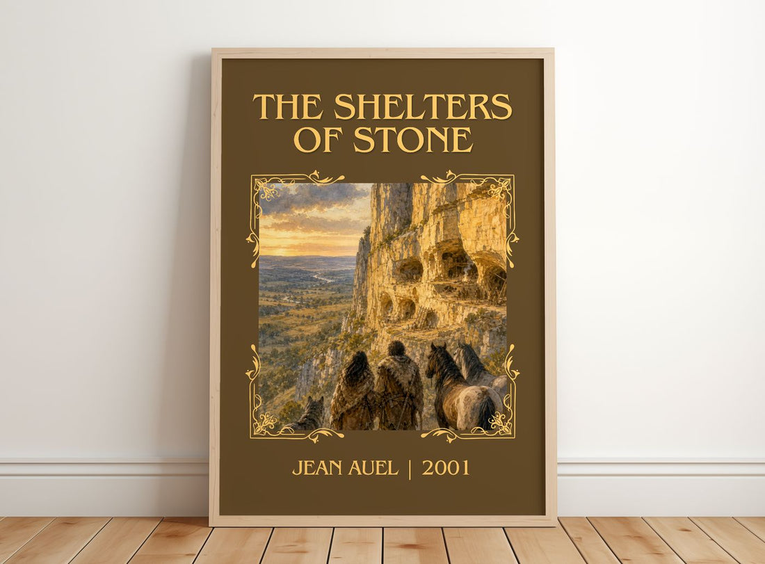 The Shelters of Stone Classic Book Art Print by Jean Auel – framed print leaning on a wooden floor