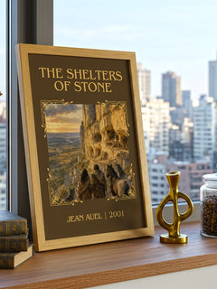 The Shelters of Stone Classic Book Art Print by Jean Auel – framed print on a city-view windowsill