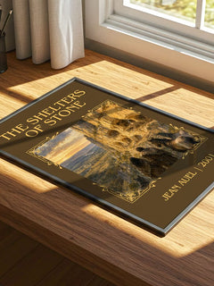The Shelters of Stone Classic Book Art Print by Jean Auel – print on a sunlit desk