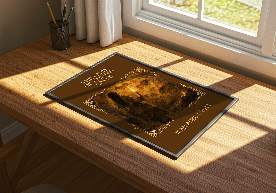 The Land of Painted Caves Classic Book Art Print by Jean Auel – print on a sunlit desk