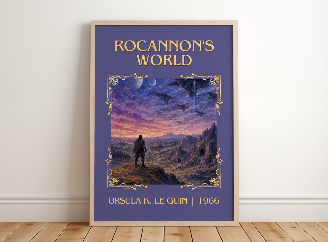 Rocannon's World Classic Book Art Print by Ursula K. Le Guin – framed print leaning on a wooden floor