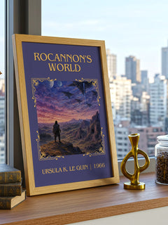Rocannon's World Classic Book Art Print by Ursula K. Le Guin – framed print on a city-view windowsill