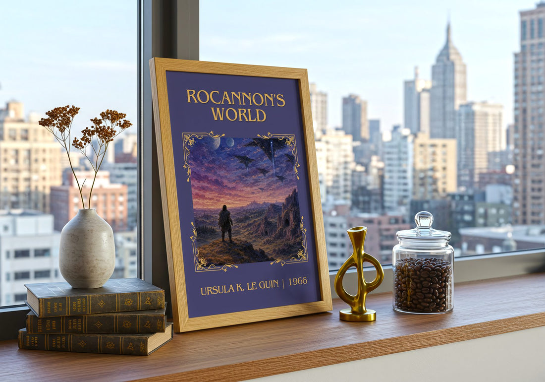 Rocannon's World Classic Book Art Print by Ursula K. Le Guin – framed print on a city-view windowsill