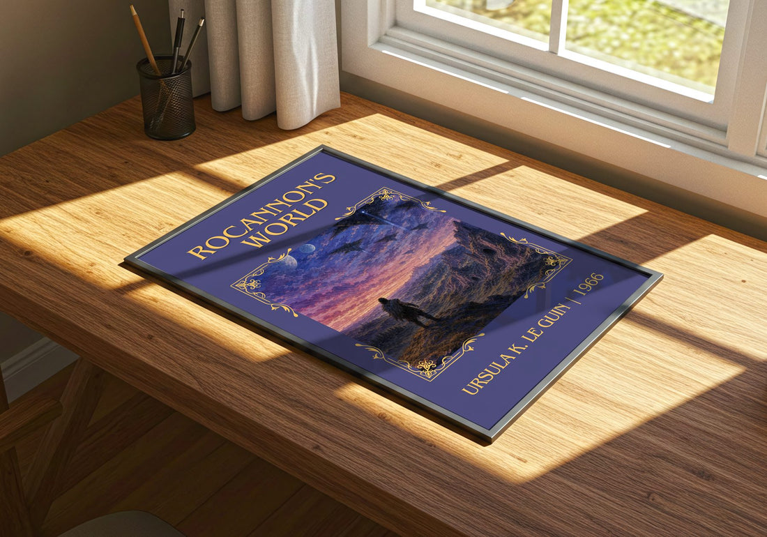 Rocannon's World Classic Book Art Print by Ursula K. Le Guin – print on a sunlit desk