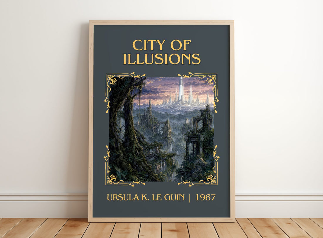 City of Illusions Classic Book Art Print by Ursula K. Le Guin – framed print leaning on a wooden floor